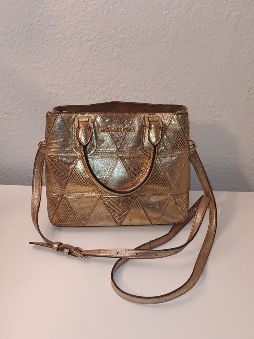 Michael Kors Small Metallic Gold Quilted Satchel with Shoulder Strap